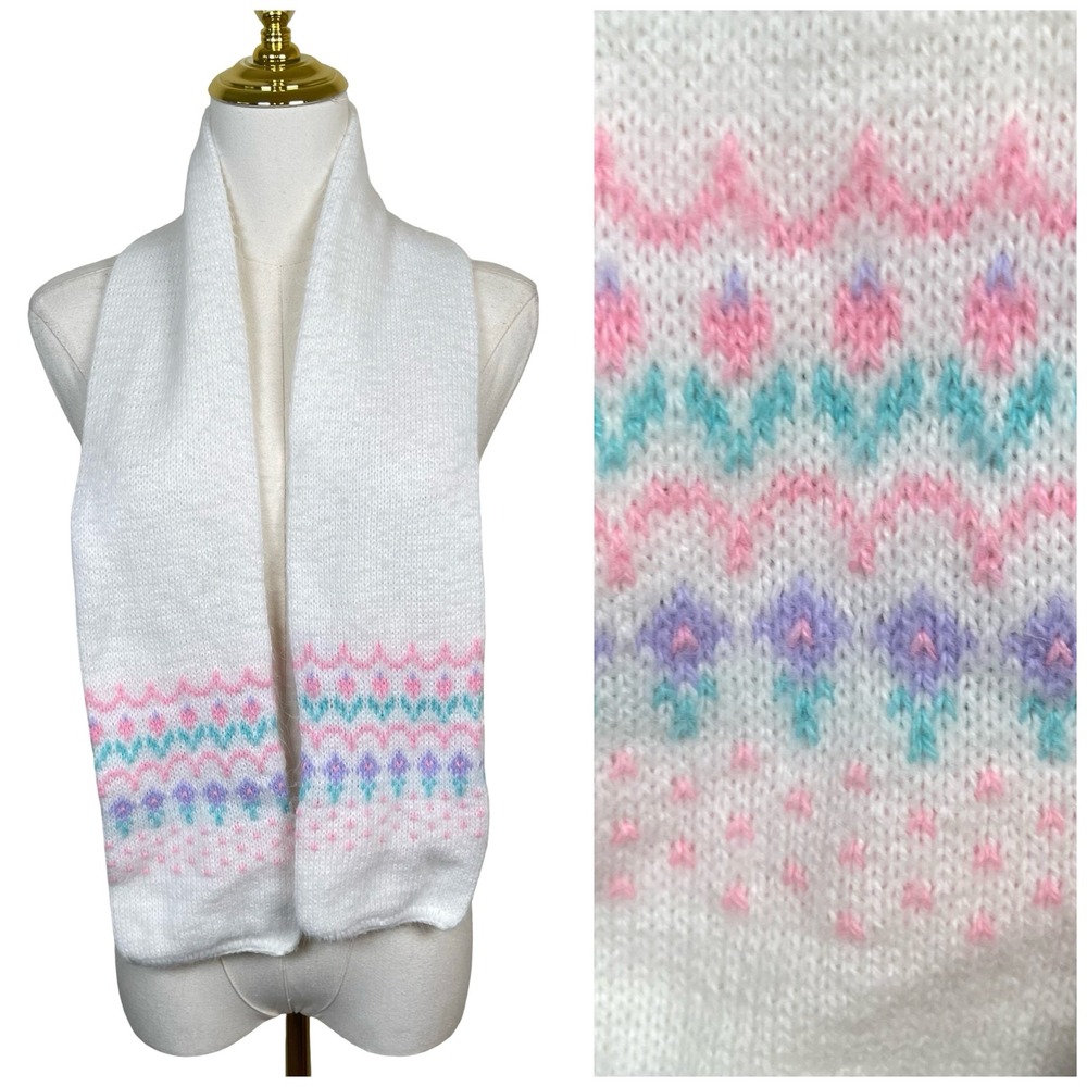 Vintage Knit Floral Scarf Women White Pastel Pink Purple Teal Fair Isle 80s 90s